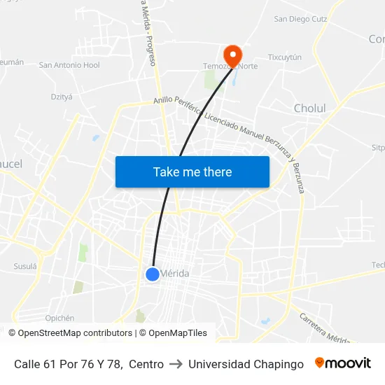 Calle 61 Por 76 Y 78,  Centro to Universidad Chapingo map