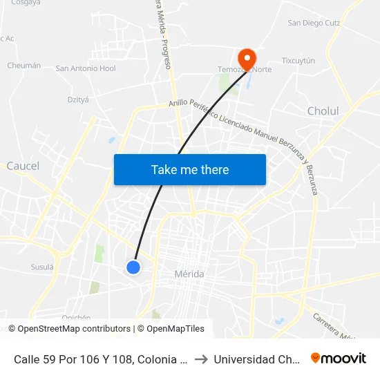 Calle 59 Por 106 Y 108, Colonia Bojórquez to Universidad Chapingo map