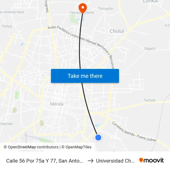 Calle 56 Por 75a Y 77, San Antonio Kaua III to Universidad Chapingo map