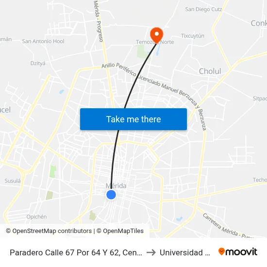 Paradero Calle 67 Por 64 Y 62, Centro Magisterio 159 to Universidad Chapingo map
