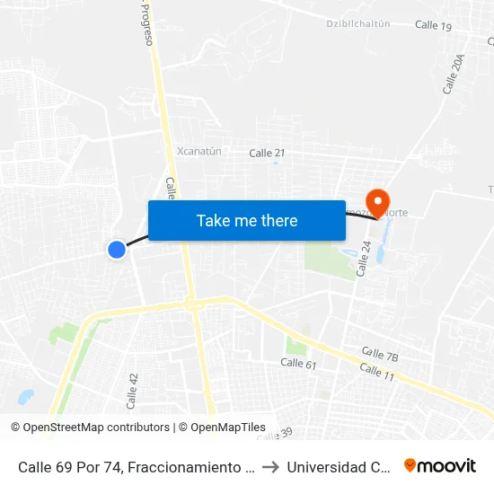 Calle 69 Por 74, Fraccionamiento Las Americas to Universidad Chapingo map