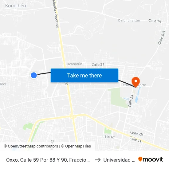 Oxxo, Calle 59 Por 88 Y 90, Fraccionamiento Las Americas to Universidad Chapingo map