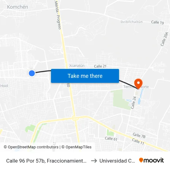 Calle 96 Por 57b, Fraccionamiento Las Americas to Universidad Chapingo map