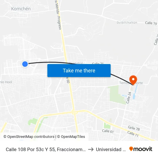 Calle 108 Por 53c Y 55, Fraccionamiento Las Americas II to Universidad Chapingo map