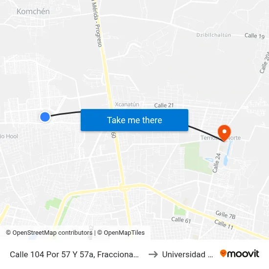 Calle  104 Por 57 Y 57a, Fraccionamiento Las Americas to Universidad Chapingo map