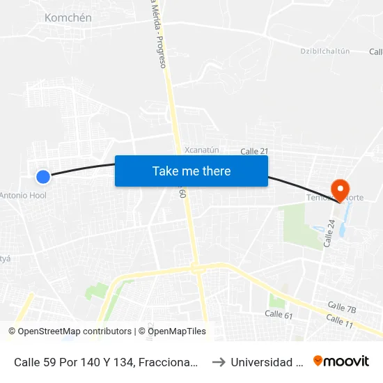 Calle 59 Por 140 Y 134, Fraccionamiento Las Americas to Universidad Chapingo map