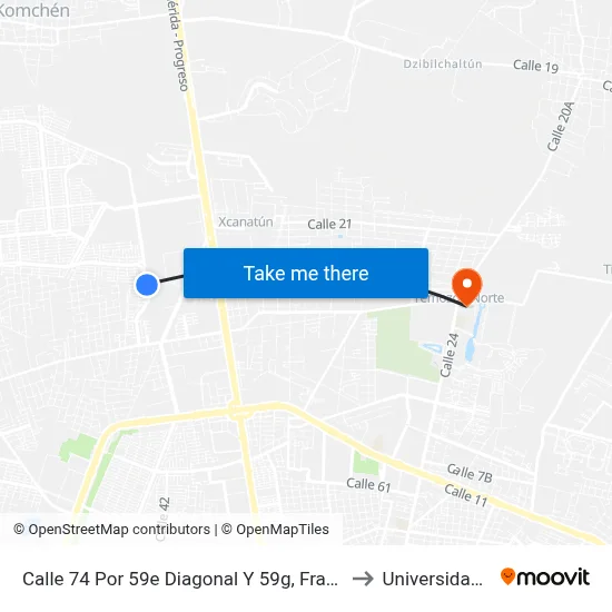 Calle 74 Por 59e Diagonal Y 59g, Fraccionamiento Las Américas to Universidad Chapingo map