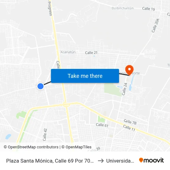 Plaza Santa Mónica, Calle 69 Por 70d, Dzitya Poligono Chuburna to Universidad Chapingo map