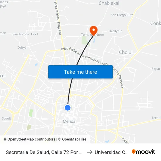 Secretaria De Salud, Calle 72 Por 33b Y 35, Centro to Universidad Chapingo map