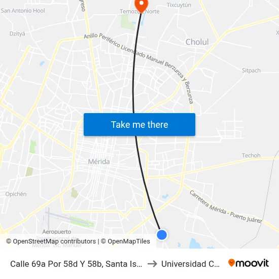 Calle 69a Por 58d Y 58b, Santa Isabel, Kanasín to Universidad Chapingo map