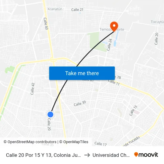 Calle 20 Por 15 Y 13, Colonia Juan B. Sosa to Universidad Chapingo map