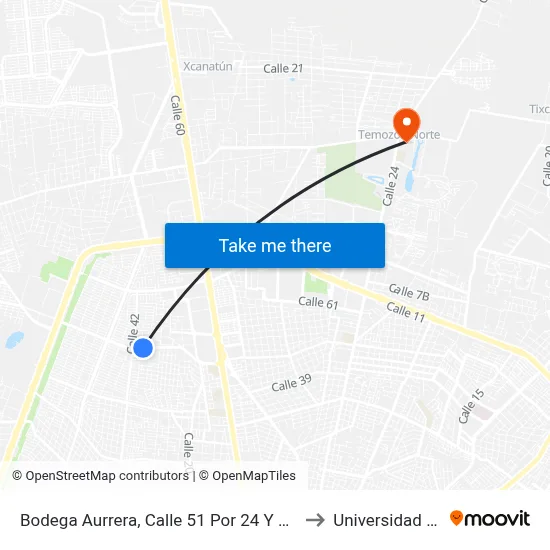 Bodega Aurrera, Calle 51 Por 24 Y 42, Colonia Xcumpich to Universidad Chapingo map