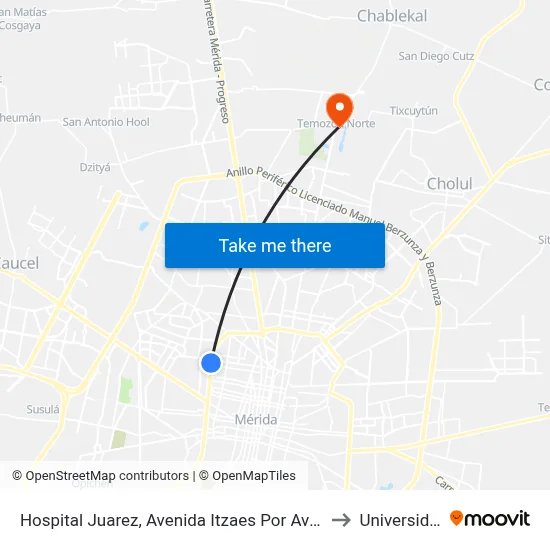 Hospital Juarez, Avenida Itzaes Por Avenida Miguel Hidalgo Y 25, García Ginerés, to Universidad Chapingo map