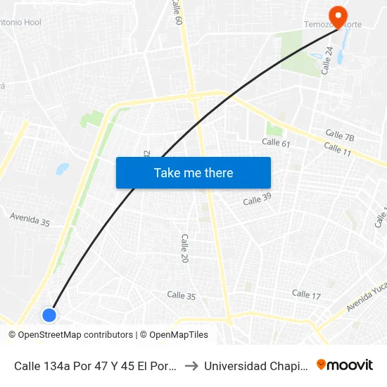 Calle 134a Por 47 Y 45  El Porvenir to Universidad Chapingo map