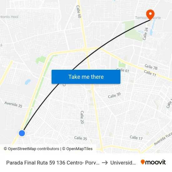 Parada Final Ruta 59  136 Centro- Porvenir Calle 54 Por 29 Y 29a Amapola to Universidad Chapingo map