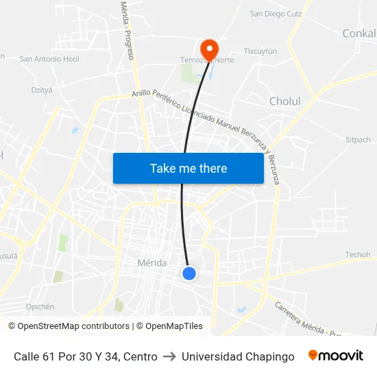 Calle 61 Por 30 Y 34, Centro to Universidad Chapingo map