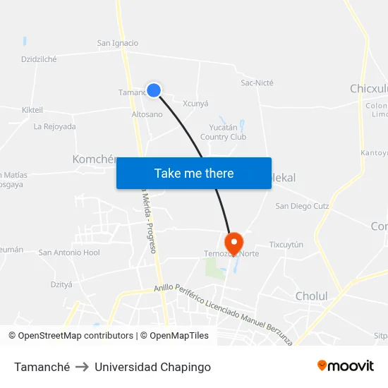 Tamanché to Universidad Chapingo map