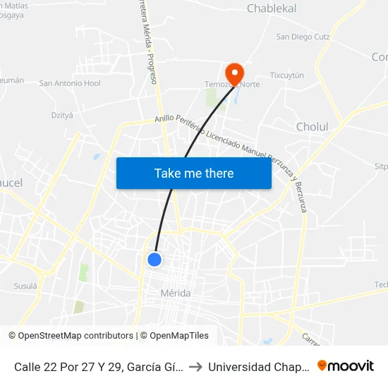 Calle 22 Por 27 Y 29,  García Gíneres to Universidad Chapingo map