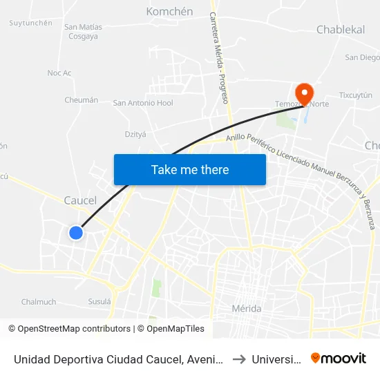 Unidad Deportiva Ciudad Caucel, Avenida Cronistadeportivo Por 39 Y 31, Ciudad Caucel to Universidad Chapingo map