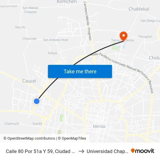 Calle 80 Por 51a Y 59, Ciudad Caucel to Universidad Chapingo map