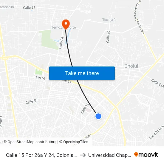 Calle 15 Por 26a Y 24, Colonia Maya to Universidad Chapingo map