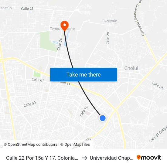 Calle 22 Por 15a Y 17, Colonia Maya to Universidad Chapingo map