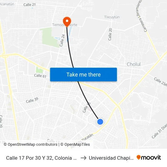 Calle 17 Por 30 Y 32, Colonia Maya to Universidad Chapingo map