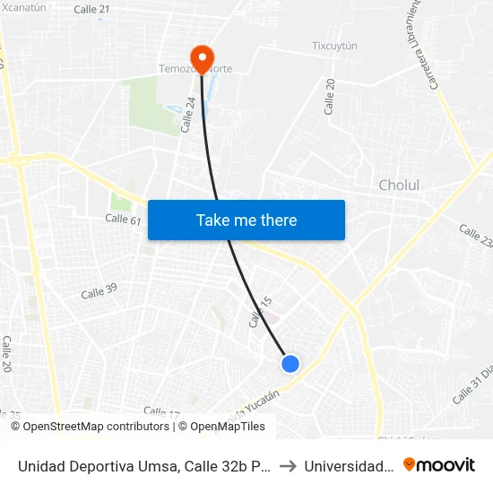 Unidad Deportiva Umsa, Calle 32b Por 17 Y 13, Colonia Maya to Universidad Chapingo map