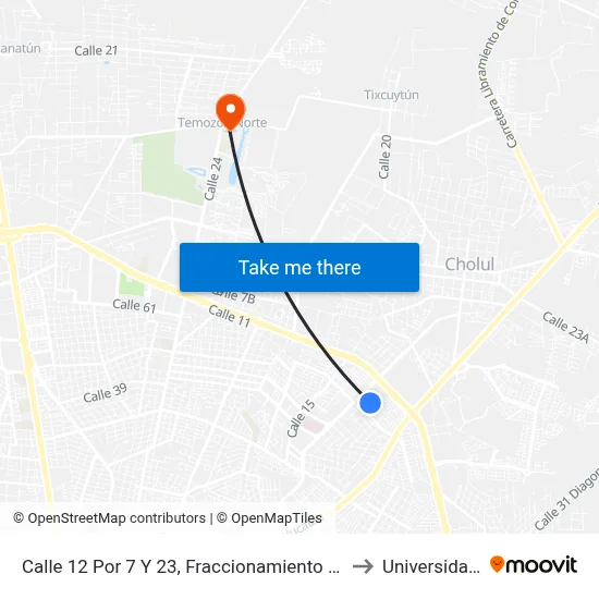 Calle 12 Por 7 Y 23, Fraccionamiento José María Iturralde (Las Águilas) to Universidad Chapingo map