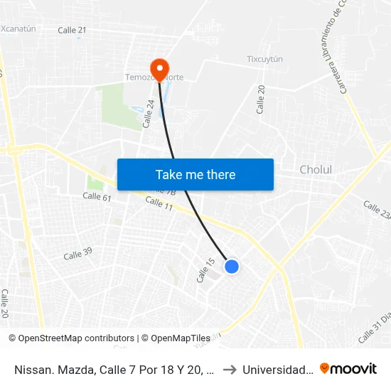 Nissan. Mazda, Calle 7 Por 18 Y 20, Fraccionamiento Altabrisa to Universidad Chapingo map