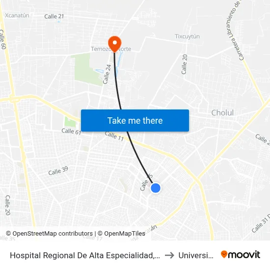 Hospital Regional De Alta Especialidad, Calle 7 Por 20 Y 22, Fraccionamiento Altabrisa to Universidad Chapingo map