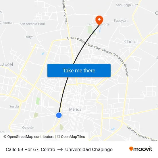 Calle 69 Por 67, Centro to Universidad Chapingo map