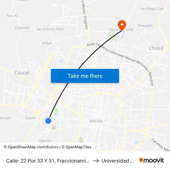 Calle- 22 Por 33 Y 31, Fraccionamiento Juan Pablo Ii. to Universidad Chapingo map