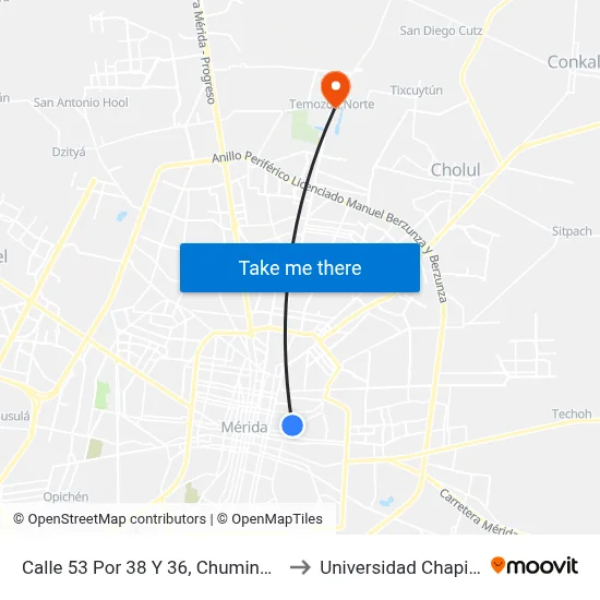 Calle 53 Por 38 Y 36, Chuminópolis to Universidad Chapingo map