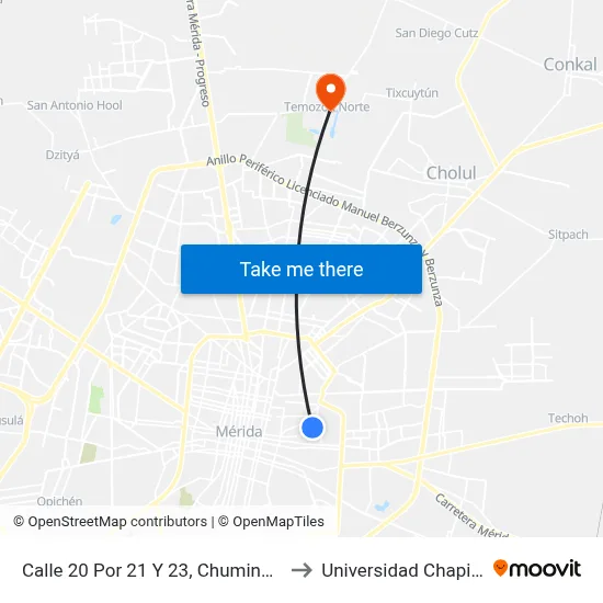 Calle 20 Por 21 Y 23, Chuminópolis to Universidad Chapingo map