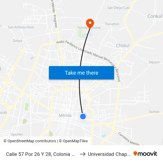 Calle 57 Por 26 Y 28, Colonia Madrid to Universidad Chapingo map