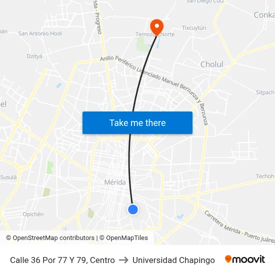Calle 36 Por 77 Y 79, Centro to Universidad Chapingo map