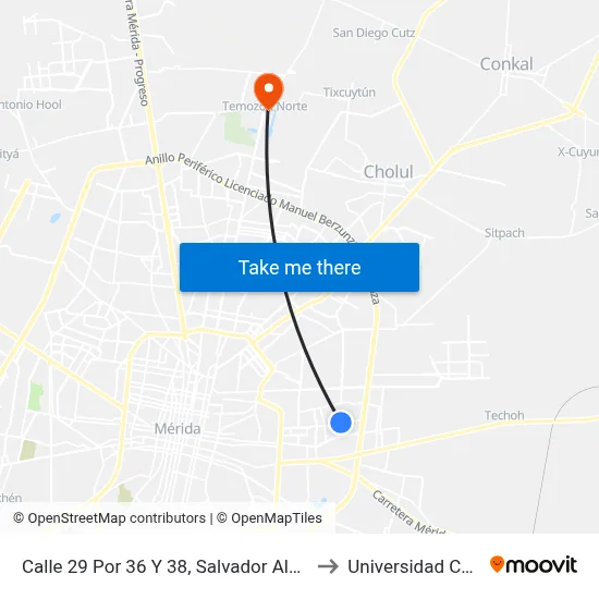 Calle 29 Por 36 Y 38, Salvador Alvarado Oriente to Universidad Chapingo map