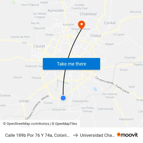 Calle 189b Por 76 Y 74a, Colonia Yucatán to Universidad Chapingo map