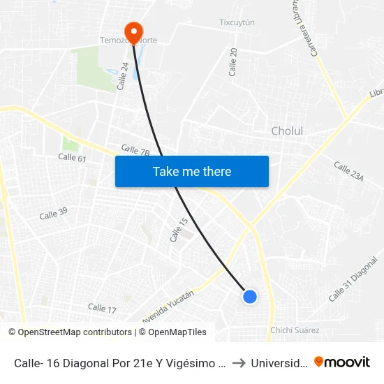 Calle- 16 Diagonal Por 21e Y Vigésimo Tercera, Fraccionamiento Pinos Del Norte. to Universidad Chapingo map