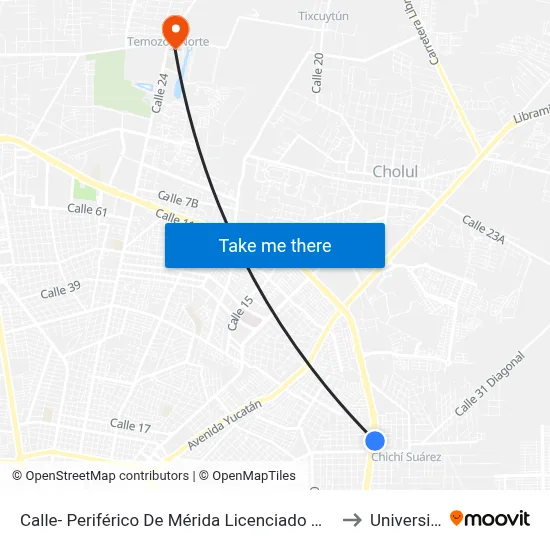 Calle- Periférico De Mérida Licenciado Manuel Berzunza Por 33 Y 31-A, Colonia Santa María Chí. to Universidad Chapingo map