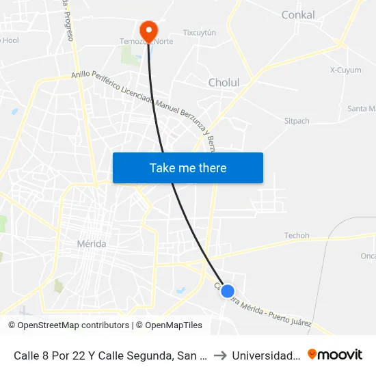 Calle 8 Por 22 Y Calle Segunda, San Pedro Noh Pat (Kanasín) to Universidad Chapingo map