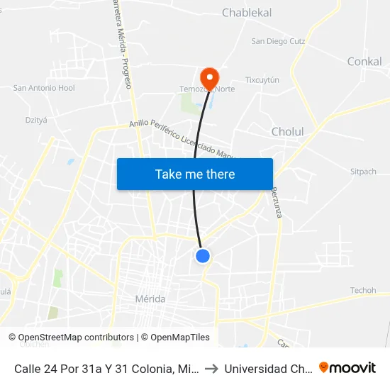 Calle 24 Por 31a Y 31 Colonia, Miguel Aleman to Universidad Chapingo map