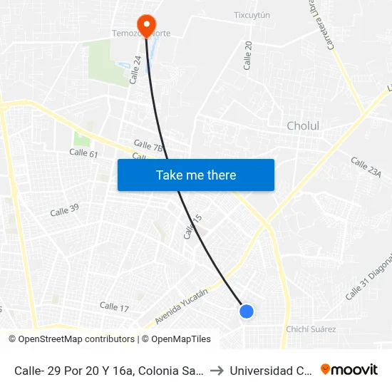 Calle- 29 Por 20 Y 16a, Colonia San Pedro Cholul. to Universidad Chapingo map
