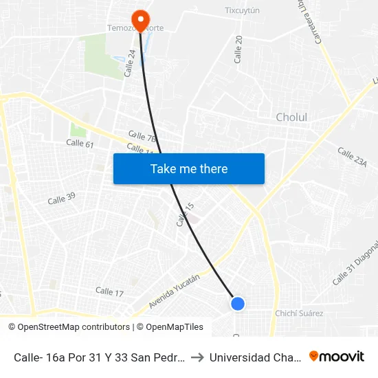 Calle- 16a Por 31 Y 33 San Pedro Cholul to Universidad Chapingo map