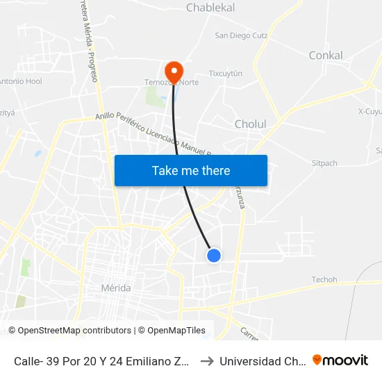Calle- 39 Por 20 Y 24 Emiliano Zapata Oriente to Universidad Chapingo map