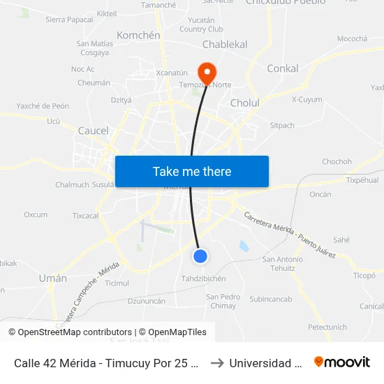 Calle 42 Mérida - Timucuy Por 25 Y 33, Leona Vicario to Universidad Chapingo map