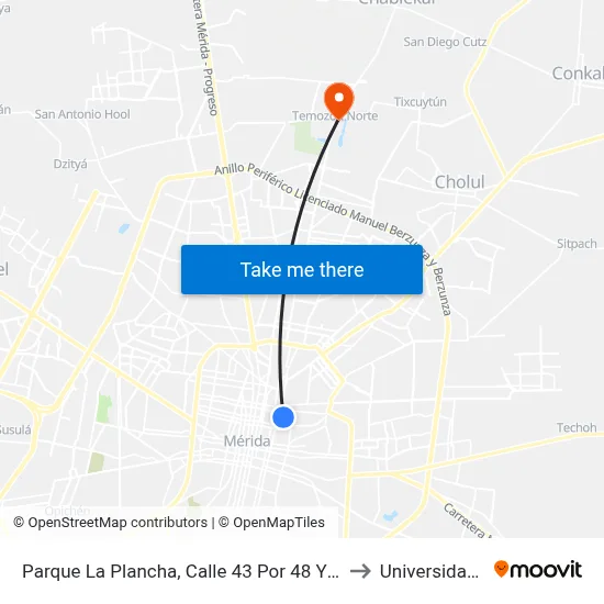 Parque La Plancha, Calle 43 Por 48 Y Avenida 1o. De Mayo, Centro to Universidad Chapingo map