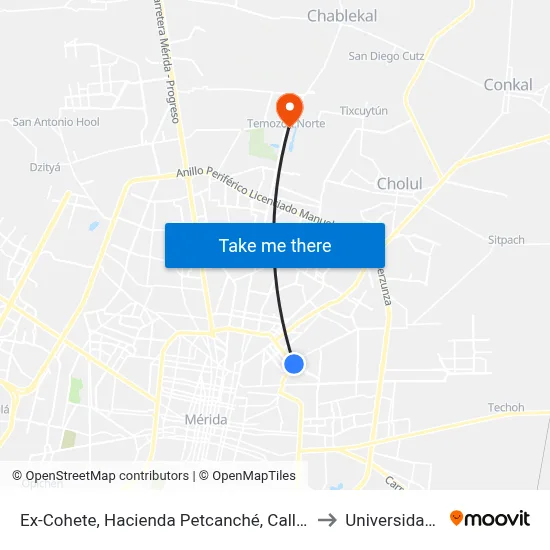 Ex-Cohete, Hacienda Petcanché, Calle 35 Por 20 Y 18, Las Palmas to Universidad Chapingo map