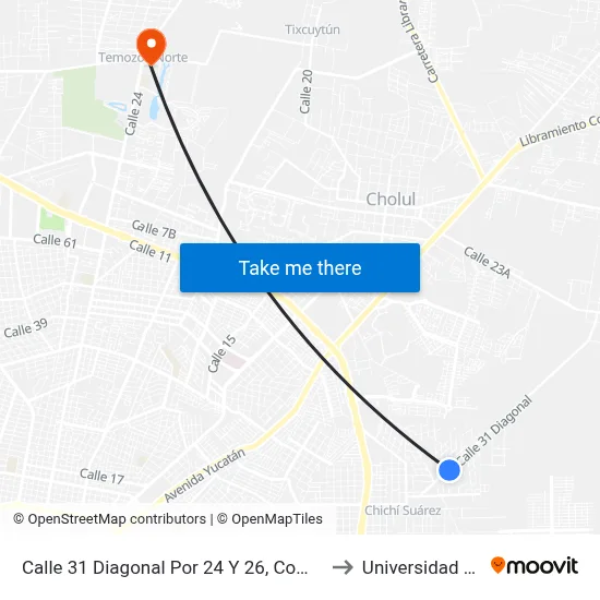 Calle 31 Diagonal Por 24 Y 26, Comisaria Chichí Suárez to Universidad Chapingo map